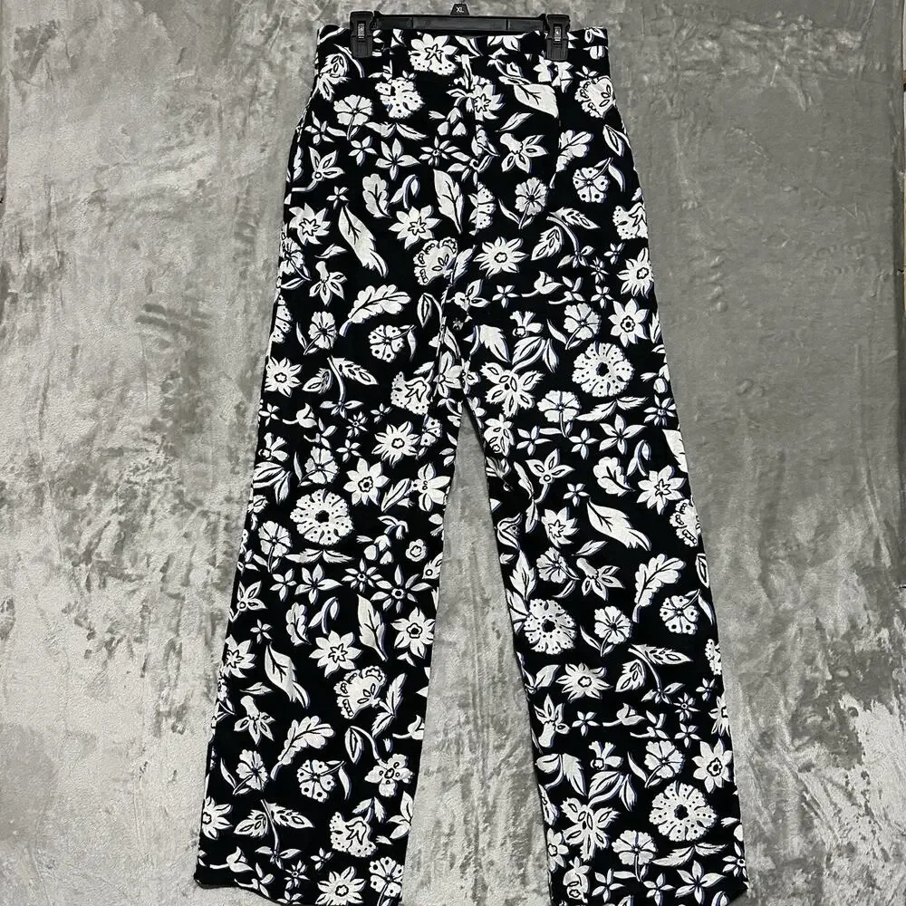 Zara Womens Wide‎ Leg Linen Blend Floral Trousers Sz L Black Boho Coastal Resort